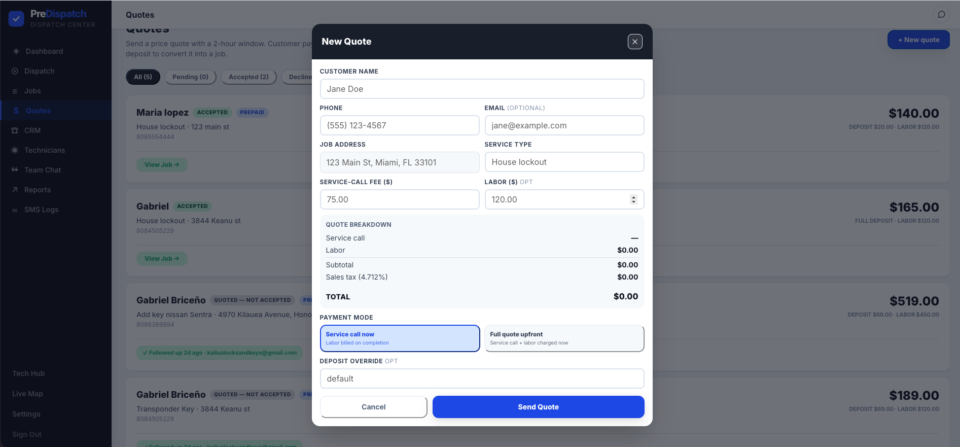 Customer payment workflows for service businesses